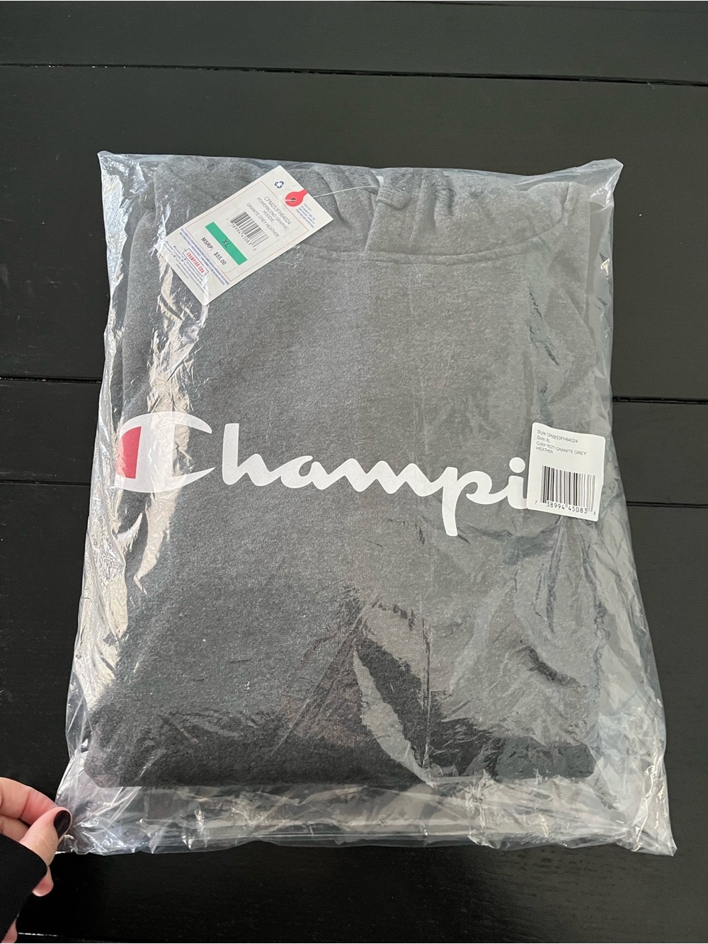 Champion Gray Crewneck Sweatshirt with White Script and Red Accent